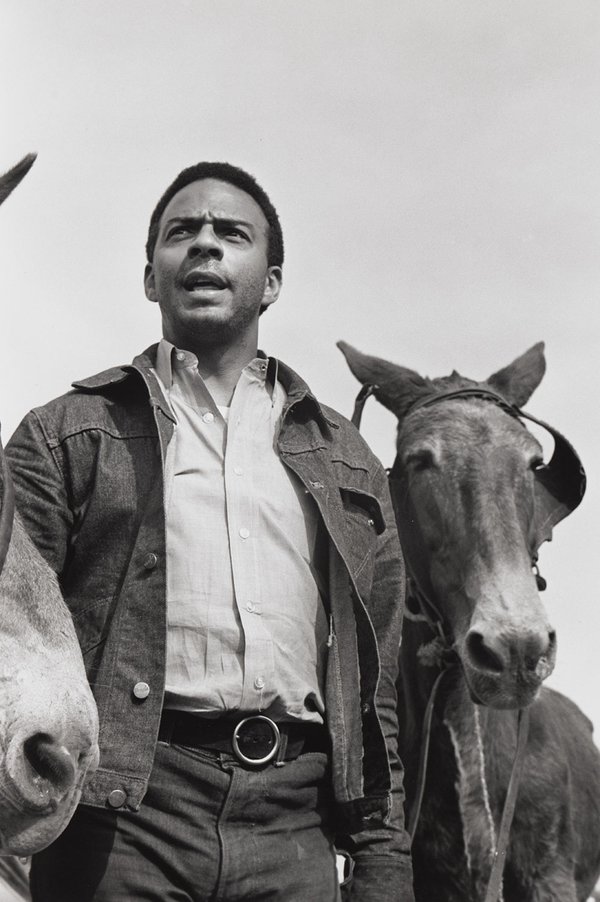 A black & white photo of an African American man in a rancher's outfit standing in-between two harnessed horses.