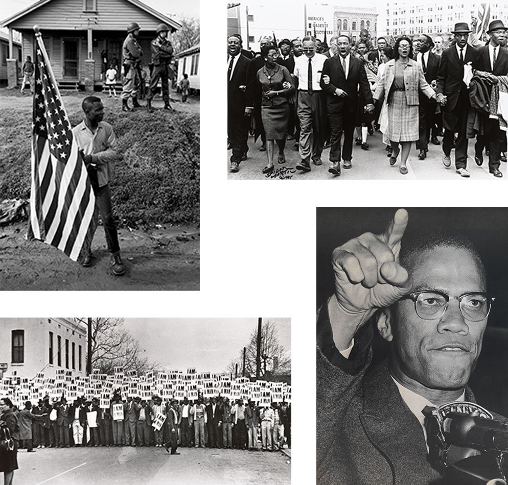 A series of four black & white photos of African Americans being catalysts for societal change: a man carrying the American flag, Dr. Martin Luther King, Jr. leading a march, a large crowd of men holding signs that say “I AM A MAN”, and Malcolm X giving a speech.