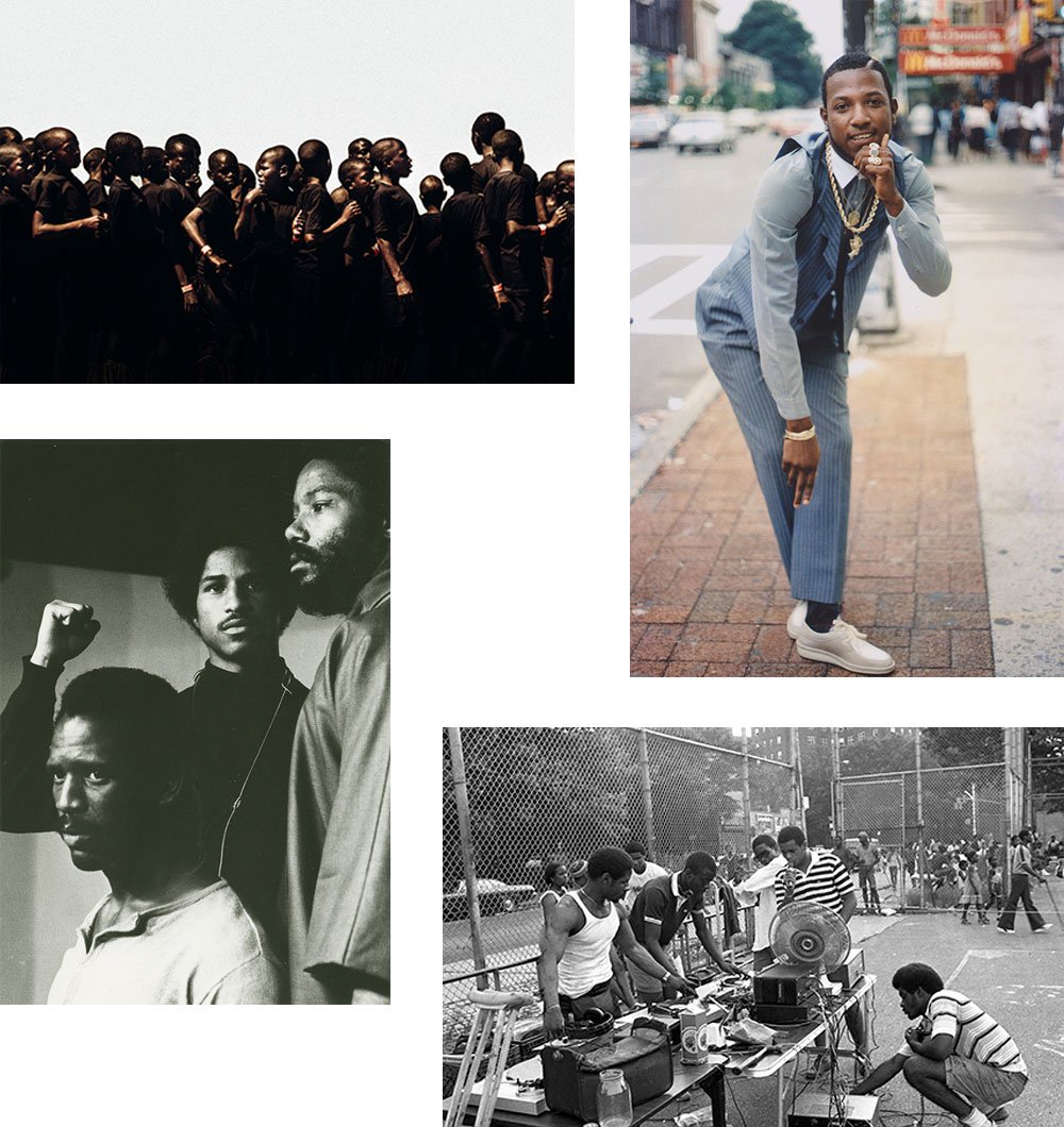 A group of four photos of African Americans expressing themselves through art and performance in both the past and present.